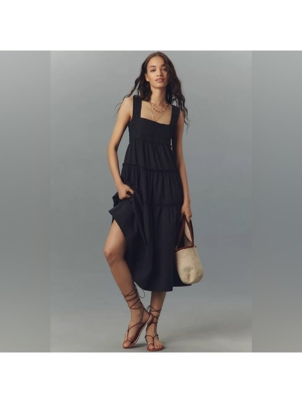 Anthropologie Maeve Black Tiered Midi Dress, Size S